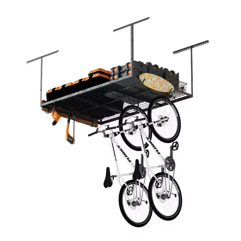 FLEXIMOUNTS OHK46B-E Support de rangement de garage suspendu 4'x6' avec 8 crochets accessoires noirs : Étagère en acier pour bacs de rangement, capacité de 204 kg