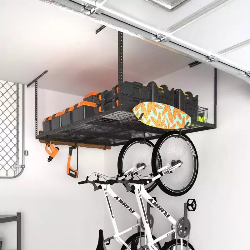 FLEXIMOUNTS OHK46B-E Support de rangement de garage suspendu 4'x6' avec 8 crochets accessoires noirs : Étagère en acier pour bacs de rangement, capacité de 204 kg