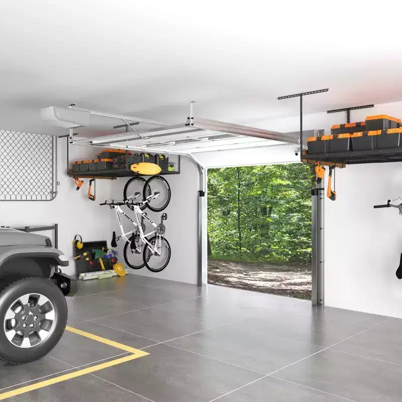 FLEXIMOUNTS OHK46B-E Support de rangement de garage suspendu 4'x6' avec 8 crochets accessoires noirs : Étagère en acier pour bacs de rangement, capacité de 204 kg