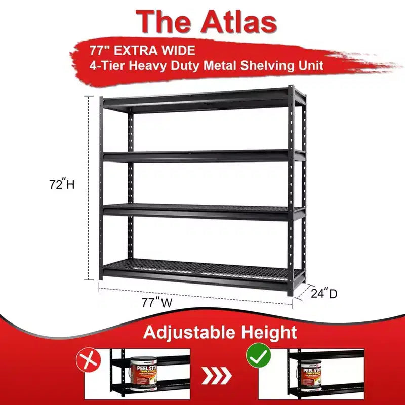 Rayonnage Atlas à 4 niveaux 195,6x61x182,9 cm 4536 kg, Rayonnage en acier robuste gris foncé : Rangement utilitaire réglable, capacité de 1134 kg/étagère