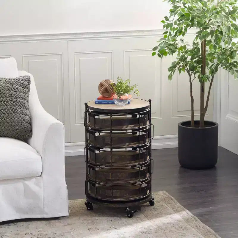 Chariot de rangement en métal marron style fermette – Olivia & May : Desserte roulante utilitaire avec 5 tiroirs et 6 étagères, en fer