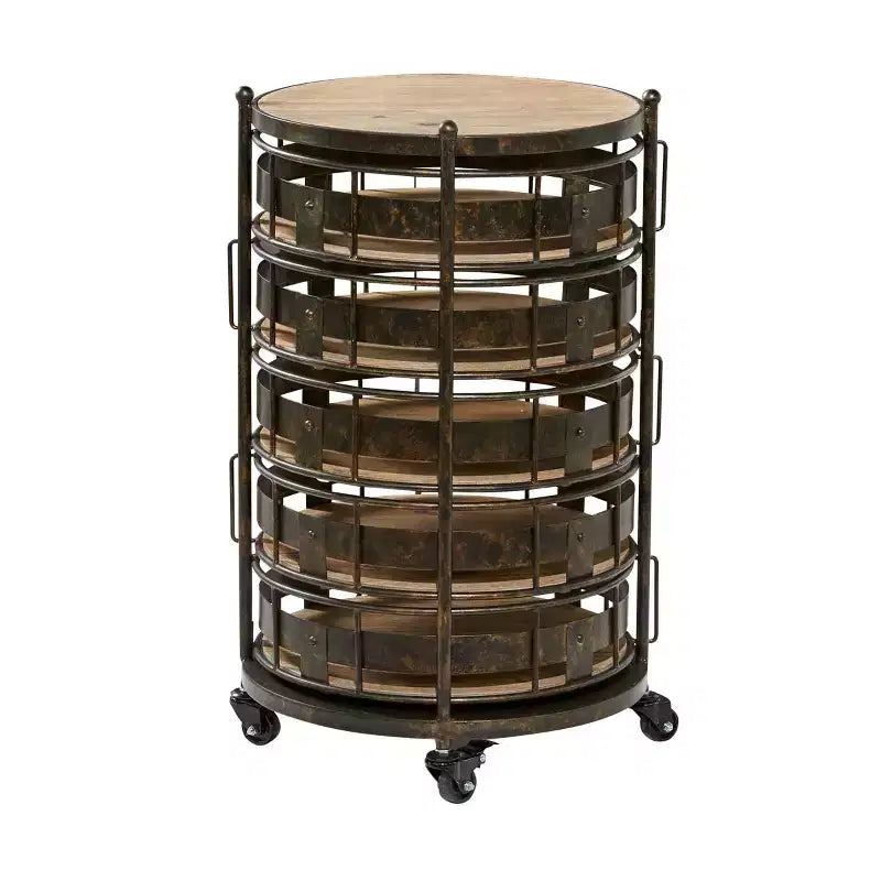 Chariot de rangement en métal marron style fermette – Olivia & May : Desserte roulante utilitaire avec 5 tiroirs et 6 étagères, en fer