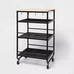 Narrow Metal Storage Cart with Wood Top Black - Brightroom™: Rolling Utility Cart with Casters & Fixed Shelves