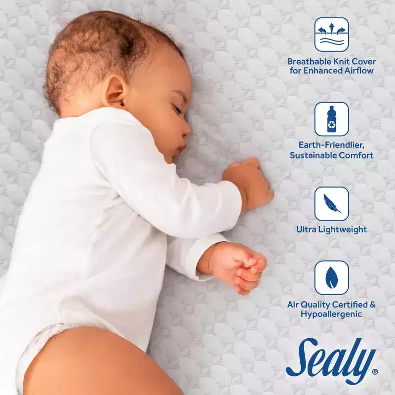 Matelas en mousse respirante Sealy Refresh pour lit de bébé 6" - Blanc : Côté ferme/Côté souple, Hypoallergénique, Housse imperméable
