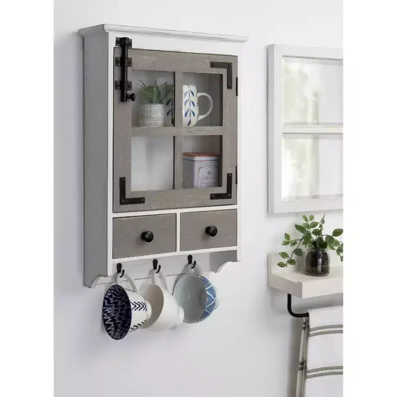 Meuble mural décoratif en bois de ferme Hutchins blanc/gris - Kate & Laurel All Things Decor : Rangement d'entrée avec crochets