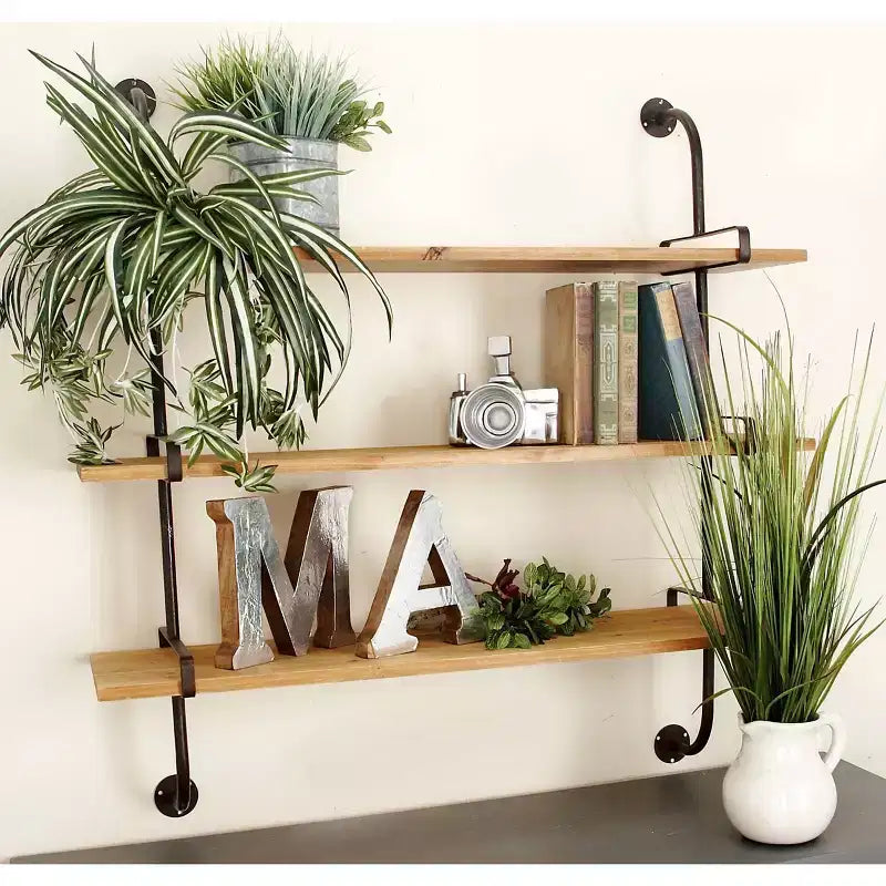 Mur en bois à 3 niveaux 38"x38" avec supports métalliques marron - Olivia & May : Style industriel, aucun assemblage requis