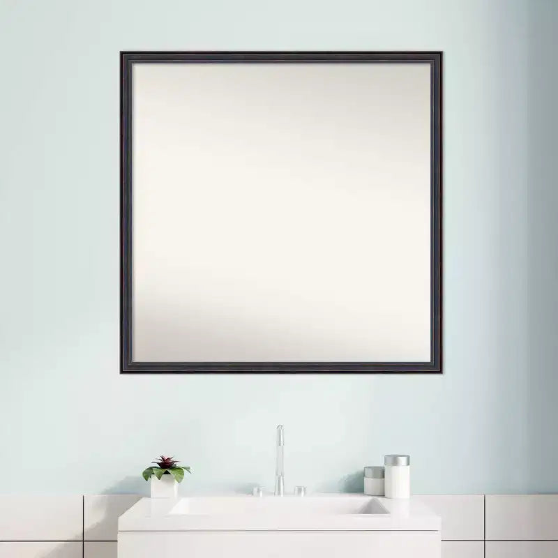 Miroir mural de salle de bain en bois non biseauté Amanti Art, 28" x 28", bronze foncé : Design carré moderne, fixation murale, cadre en bois