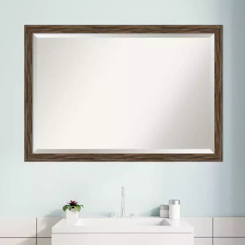 Miroir mural de salle de bain à cadre étroit en bois de grange Regis 39" x 27" marron clair - Amanti Art : Biseauté, Mural