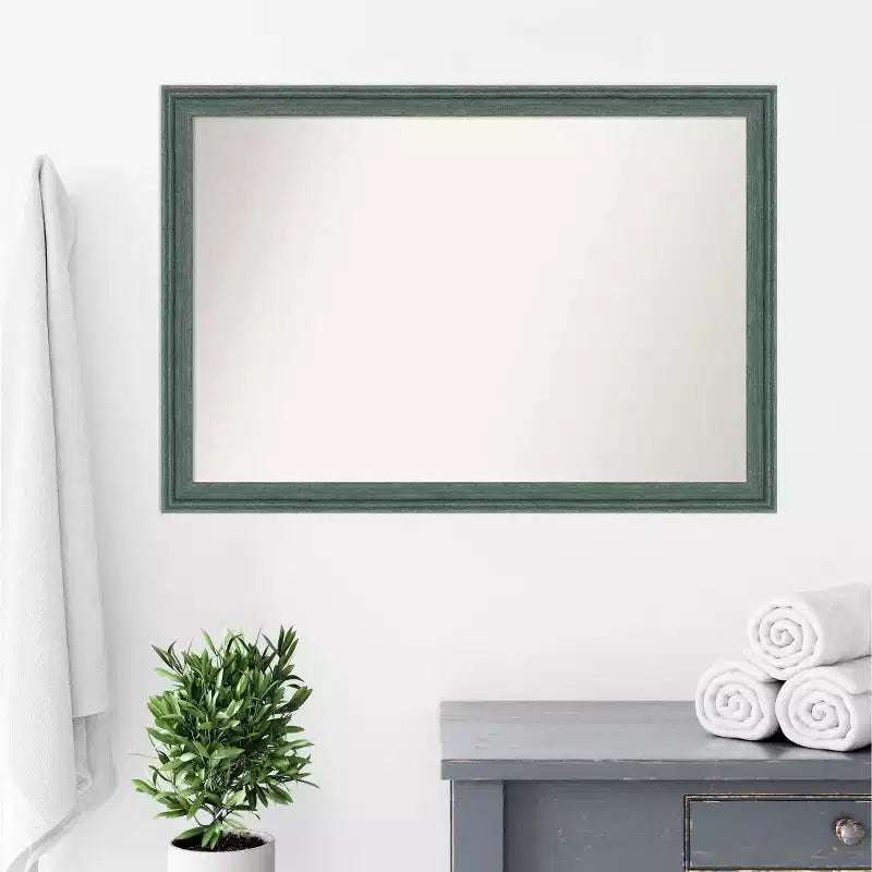 Miroir mural de salle de bain 101,6 x 71,1 cm en bois recyclé sans biseau sarcelle/gris - Amanti Art : Rectangulaire moderne, fixation murale, quincaillerie incluse