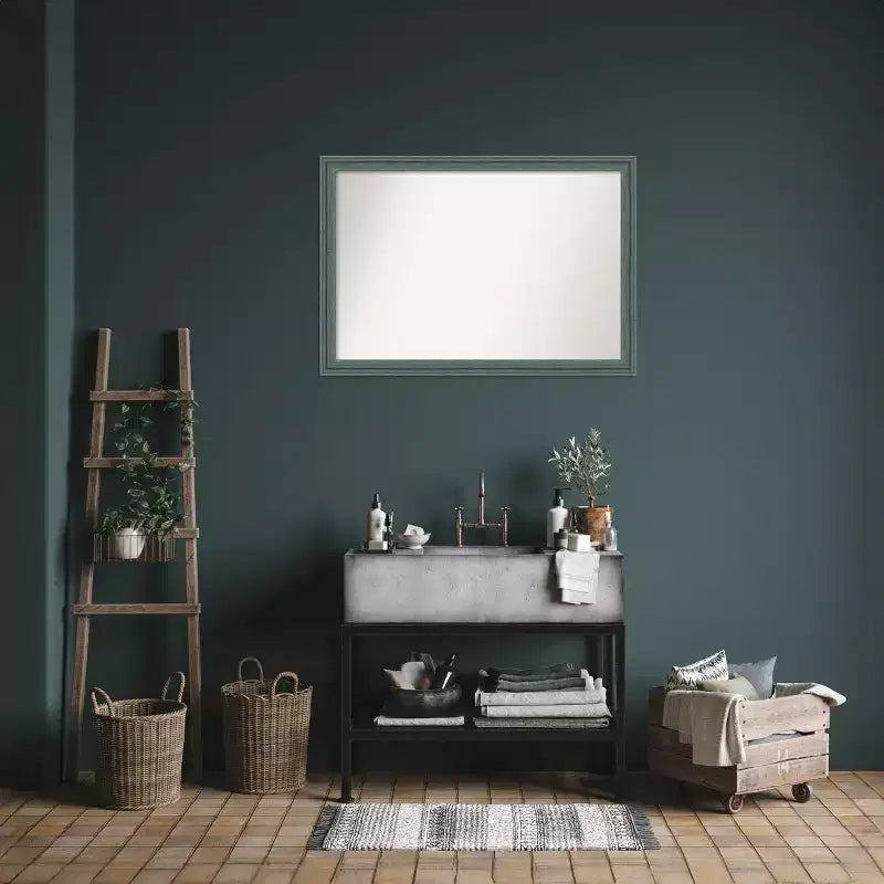 Miroir mural de salle de bain 101,6 x 71,1 cm en bois recyclé sans biseau sarcelle/gris - Amanti Art : Rectangulaire moderne, fixation murale, quincaillerie incluse