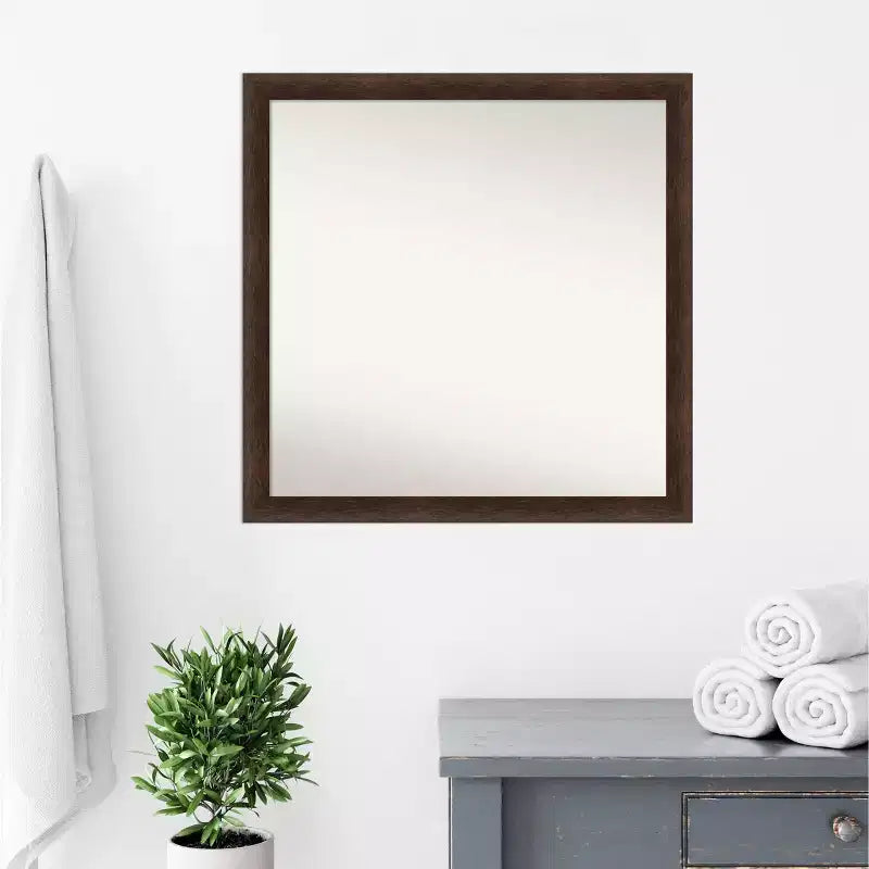 Miroir mural de salle de bain en bois étroit 29"x29" sans biseau Noyer chaud - Amanti Art : Carré moderne, montage mural, quincaillerie incluse