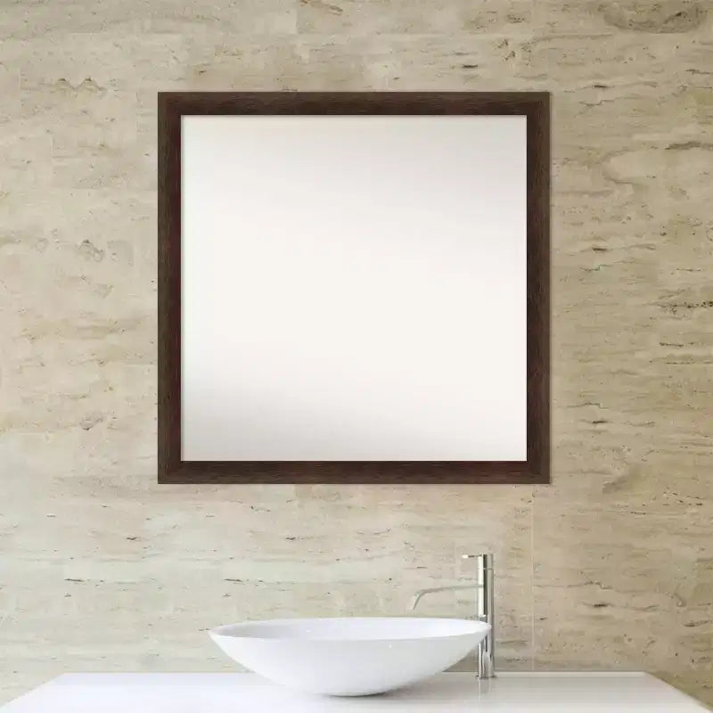 Miroir mural de salle de bain en bois étroit 29"x29" sans biseau Noyer chaud - Amanti Art : Carré moderne, montage mural, quincaillerie incluse