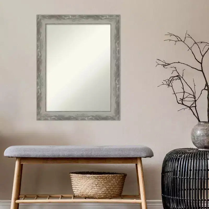 Miroir mural de salle de bain étroit Waveline Silver non biseauté de 23" x 29" - Amanti Art : Rectangle moderne, cadre en polystyrène, fixation murale