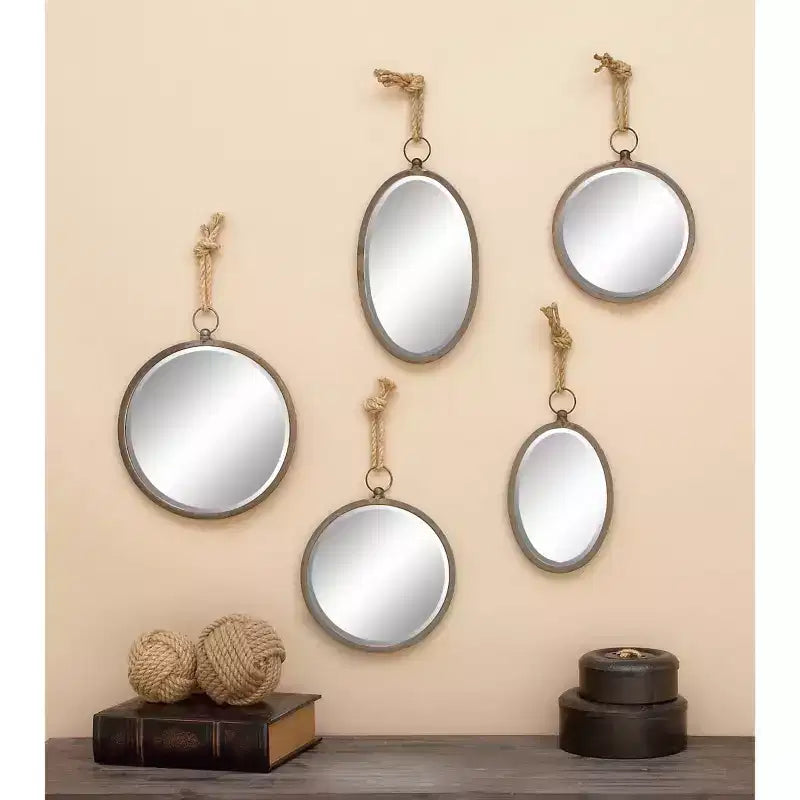 Lot de 5 miroirs muraux en métal avec corde de suspension grise - Olivia & May