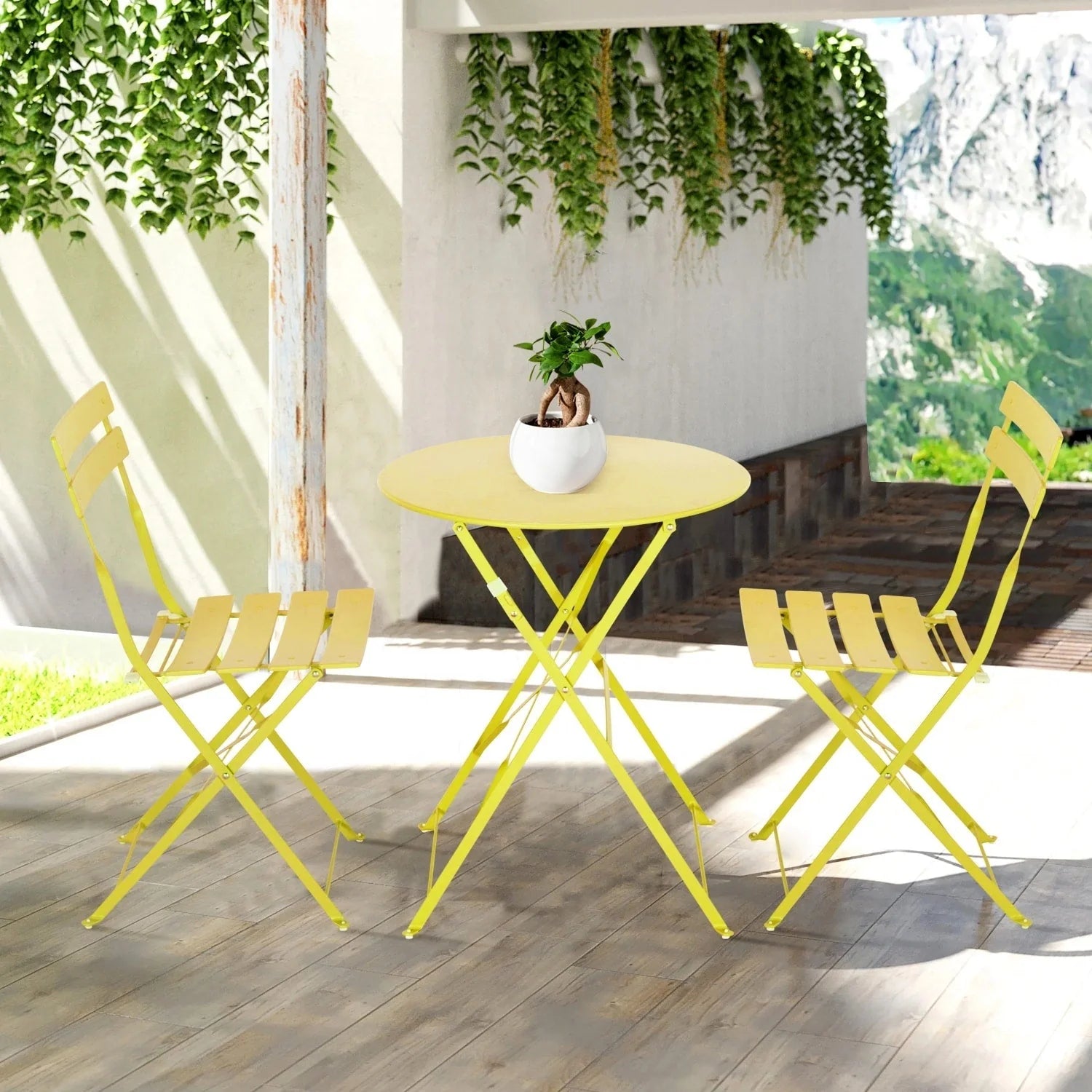 Ensemble bistrot pliant en métal 3 pièces, salon de conversation intérieur/extérieur résistant aux intempéries pour patio, cour, jardin