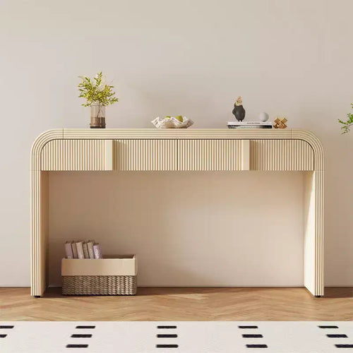 Table console moderne de 55", meuble de rangement avec 2 tiroirs, surface lisse et arrondie, table console brillante pour salon, salle à manger, entrée