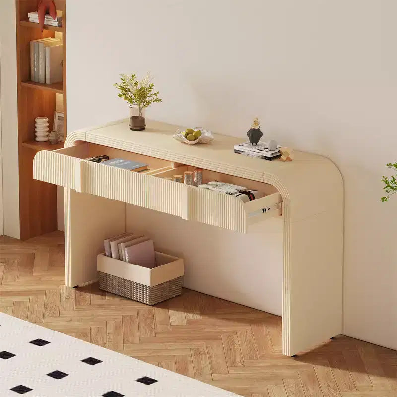 Table console moderne de 55", meuble de rangement avec 2 tiroirs, surface lisse et arrondie, table console brillante pour salon, salle à manger, entrée