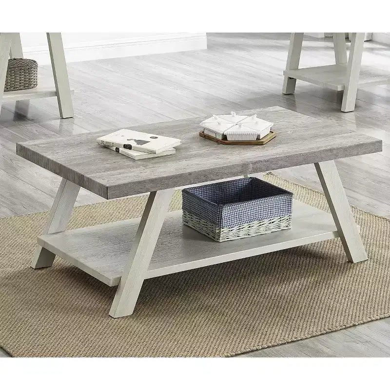 Table basse à étagère en bois bicolore contemporaine Roundhill Furniture Athens en gris vieilli et beige