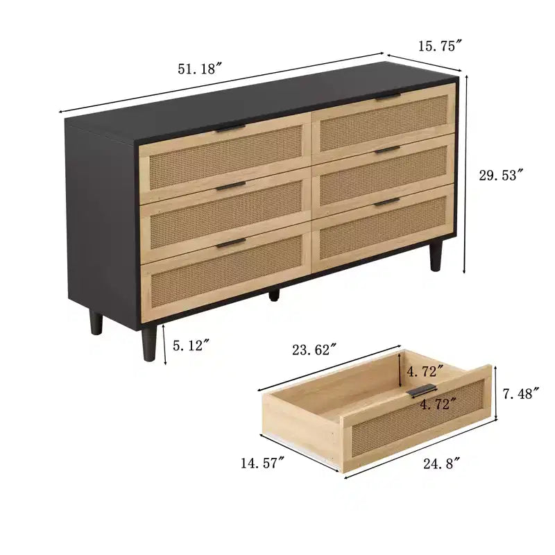 Commode à 6 tiroirs en rotin pour chambre à coucher, chiffonnier, table de chevet pour placard, organisateur de rangement pour couloir, salon, chambre à coucher