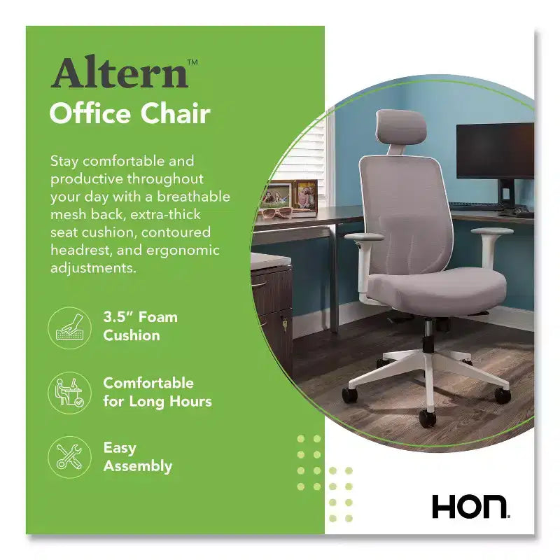 Chaise de travail HON Altern Mesh, hauteur d'assise de 17,95 à 21,1 pouces, siège gris, dossier gris/blanc, base blanche