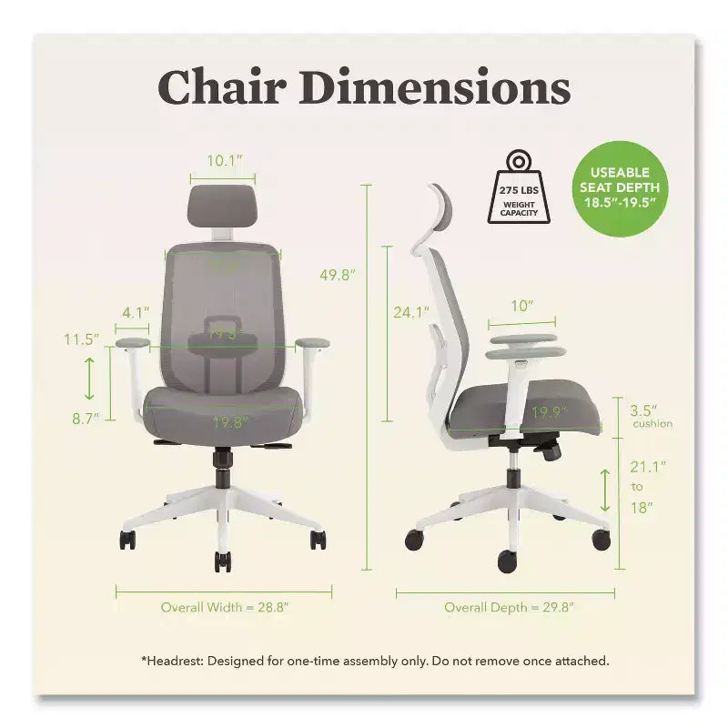 Chaise de travail HON Altern Mesh, hauteur d'assise de 17,95 à 21,1 pouces, siège gris, dossier gris/blanc, base blanche