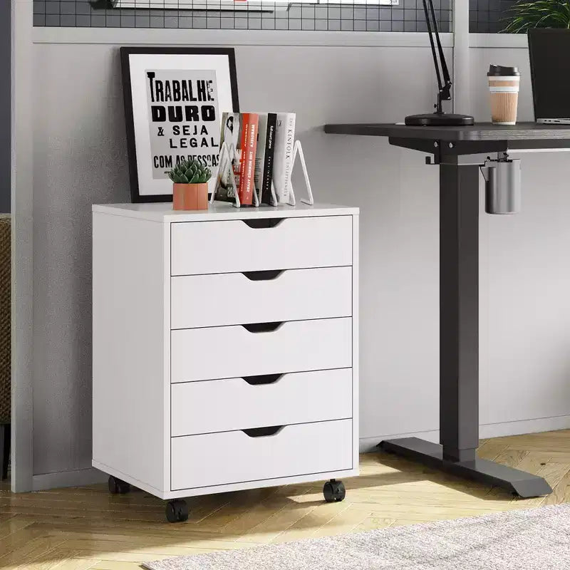 Commode à 5 tiroirs, commode de rangement en bois avec roulettes