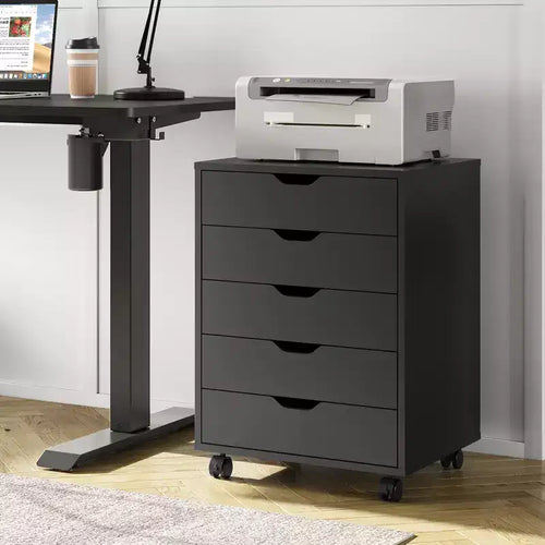 Commode à 5 tiroirs, commode de rangement en bois avec roulettes
