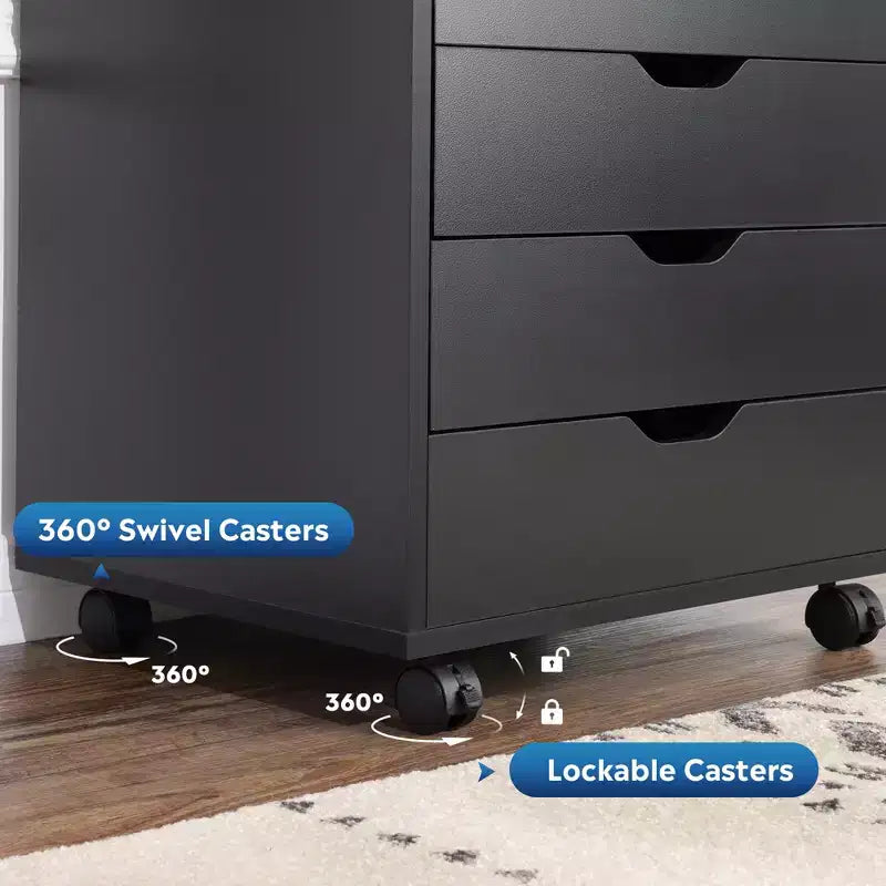 Commode à 5 tiroirs, commode de rangement en bois avec roulettes