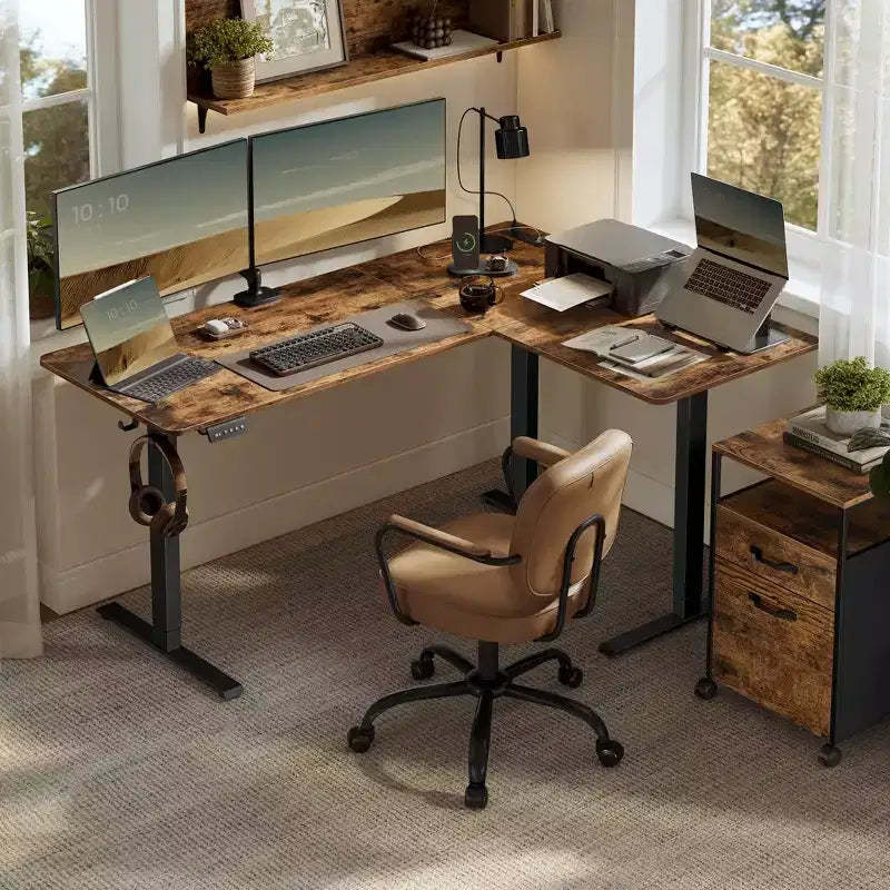 Bureau d'ordinateur en forme de L, Bureau d'angle avec prises de courant, Bureau d'ordinateur réglable en hauteur, Bureau de jeu, Fonction de mémoire