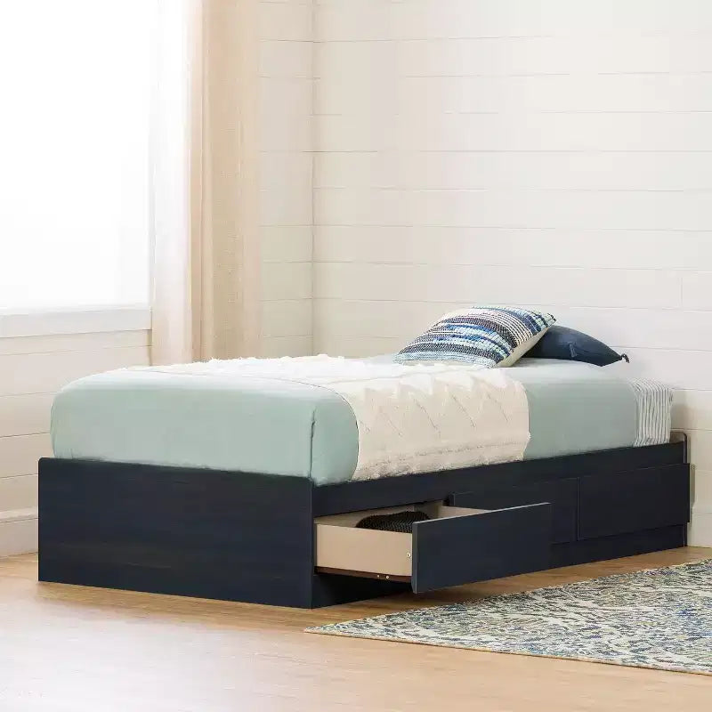Lit HomeStock de 37,46 cm de hauteur, taille double, bleu, avec rangement, en panneaux de particules