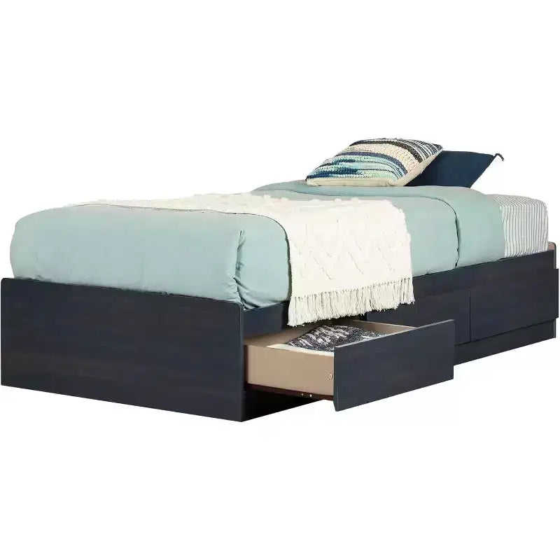 Lit HomeStock de 37,46 cm de hauteur, taille double, bleu, avec rangement, en panneaux de particules