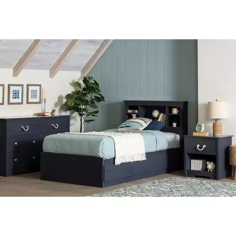 Lit HomeStock de 37,46 cm de hauteur, taille double, bleu, avec rangement, en panneaux de particules