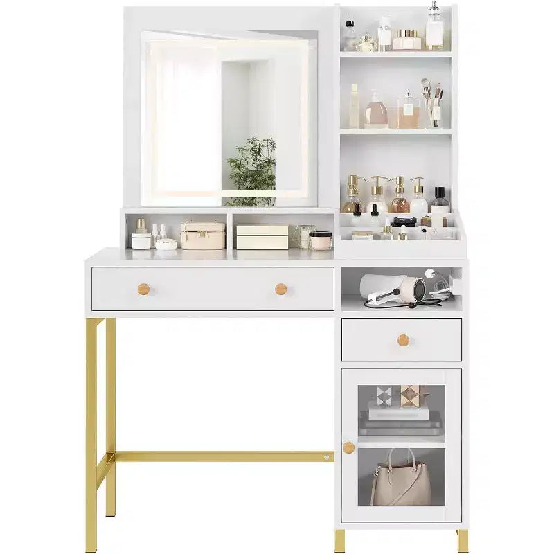 Coiffeuse avec Lumière LED 3 Couleurs, Coiffeuse avec Grand Miroir et Prise de Courant, Table de Maquillage avec 2 Tiroirs Blanc 55.9H