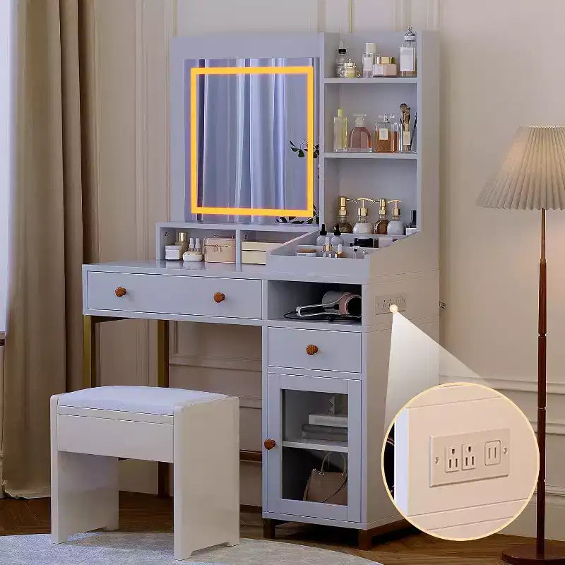 Coiffeuse avec Lumière LED 3 Couleurs, Coiffeuse avec Grand Miroir et Prise de Courant, Table de Maquillage avec 2 Tiroirs Blanc 55.9H