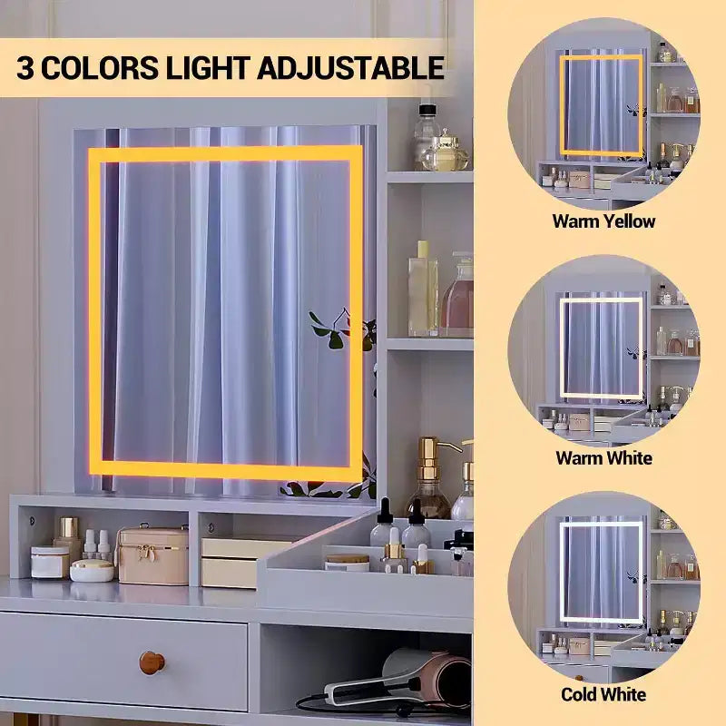 Coiffeuse avec Lumière LED 3 Couleurs, Coiffeuse avec Grand Miroir et Prise de Courant, Table de Maquillage avec 2 Tiroirs Blanc 55.9H
