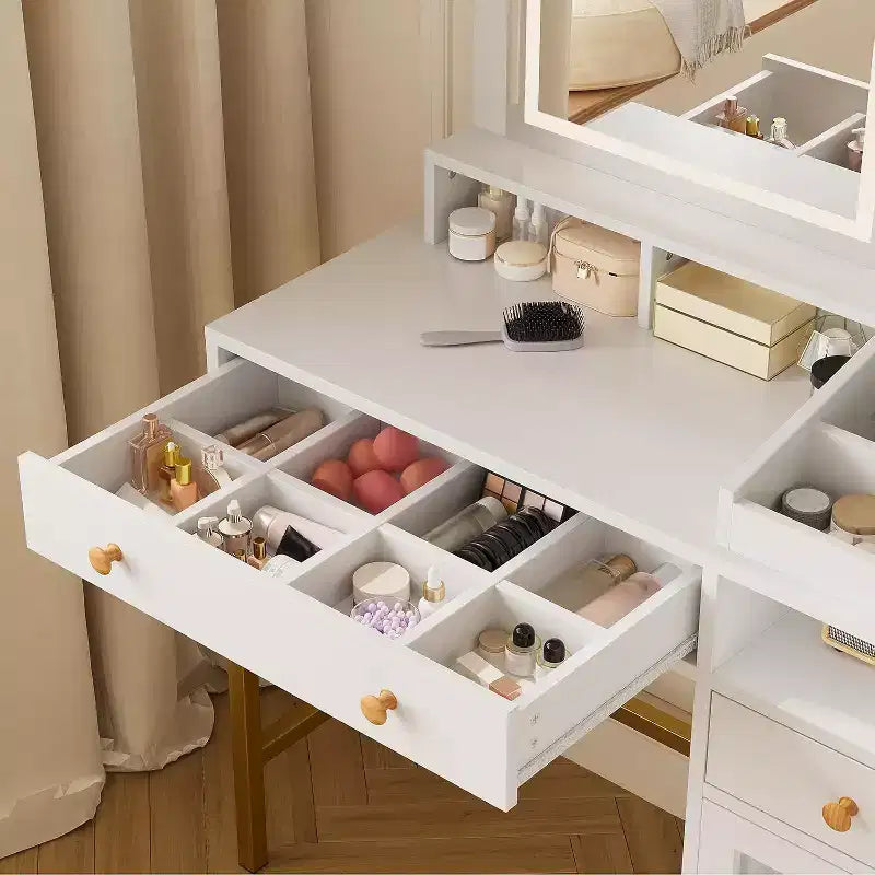 Coiffeuse avec Lumière LED 3 Couleurs, Coiffeuse avec Grand Miroir et Prise de Courant, Table de Maquillage avec 2 Tiroirs Blanc 55.9H