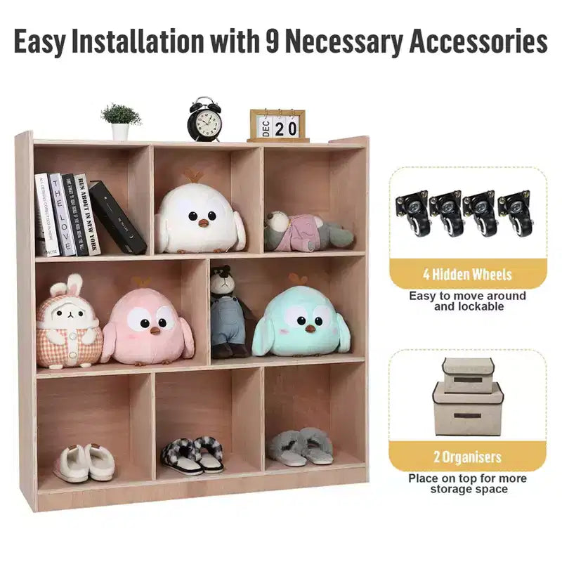 Meuble de rangement Garvee Cubbies, étagère solide pour livres d'enfants, organisateur de rangement avec 4 roulettes, 2 boîtes de rangement pour la maison/l'école