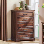 Commode à 5 tiroirs de style campagnard de 46 pouces pour chambre à coucher, chiffonnier haut en bois avec texture naturelle pour chambre à coucher, salon