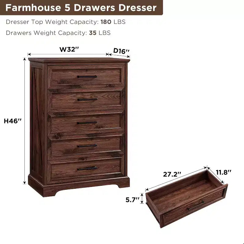 Commode à 5 tiroirs de style campagnard de 46 pouces pour chambre à coucher, chiffonnier haut en bois avec texture naturelle pour chambre à coucher, salon