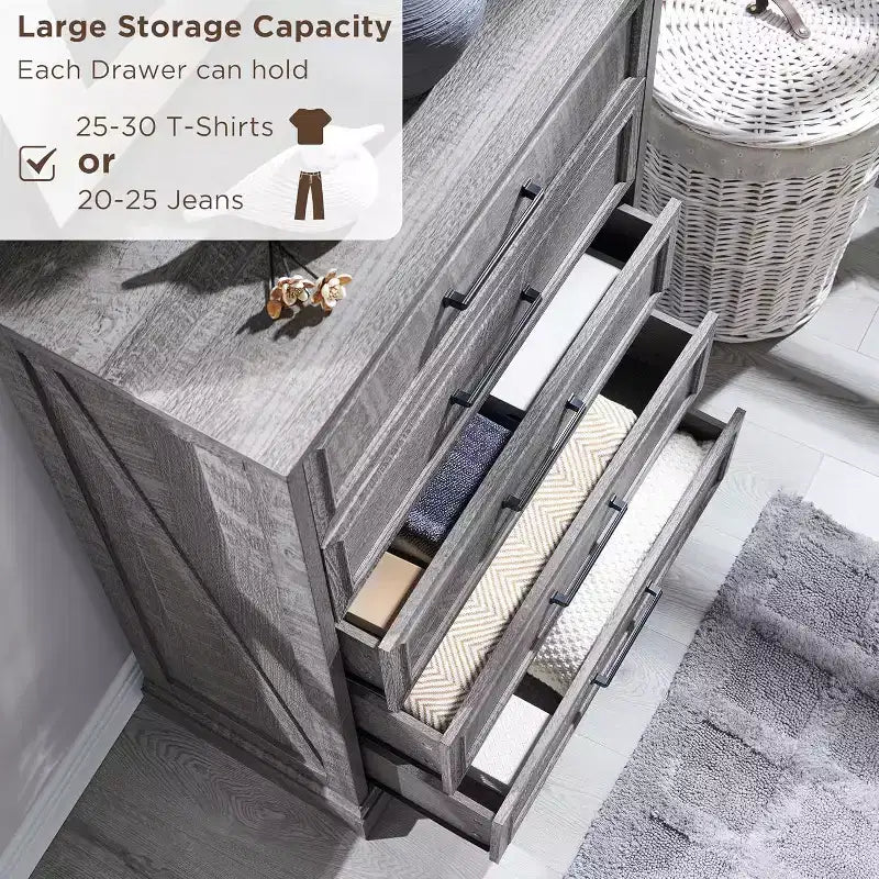 Commode à 5 tiroirs de style campagnard de 46 pouces pour chambre à coucher, chiffonnier haut en bois avec texture naturelle pour chambre à coucher, salon