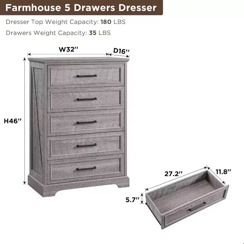 Commode à 5 tiroirs de style campagnard de 46 pouces pour chambre à coucher, chiffonnier haut en bois avec texture naturelle pour chambre à coucher, salon