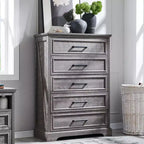 Commode à 5 tiroirs de style campagnard de 46 pouces pour chambre à coucher, chiffonnier haut en bois avec texture naturelle pour chambre à coucher, salon