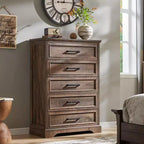 Commode à 5 tiroirs de style campagnard de 46 pouces pour chambre à coucher, chiffonnier haut en bois avec texture naturelle pour chambre à coucher, salon