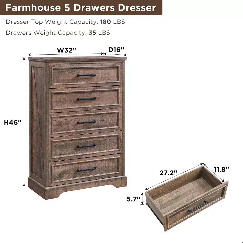 Commode à 5 tiroirs de style campagnard de 46 pouces pour chambre à coucher, chiffonnier haut en bois avec texture naturelle pour chambre à coucher, salon