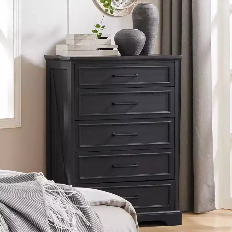 Commode à 5 tiroirs de style campagnard de 46 pouces pour chambre à coucher, chiffonnier haut en bois avec texture naturelle pour chambre à coucher, salon