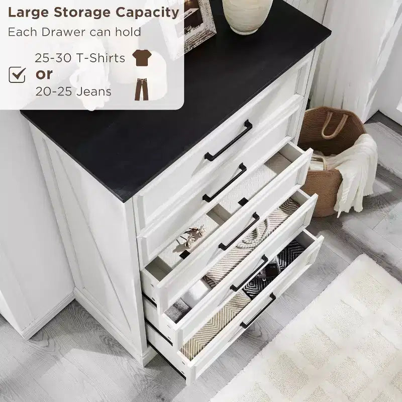 Commode à 5 tiroirs de style campagnard de 46 pouces pour chambre à coucher, chiffonnier haut en bois avec texture naturelle pour chambre à coucher, salon