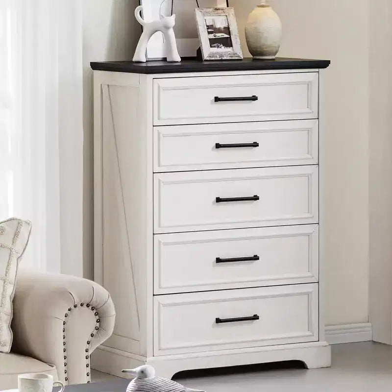 Commode à 5 tiroirs de style campagnard de 46 pouces pour chambre à coucher, chiffonnier haut en bois avec texture naturelle pour chambre à coucher, salon