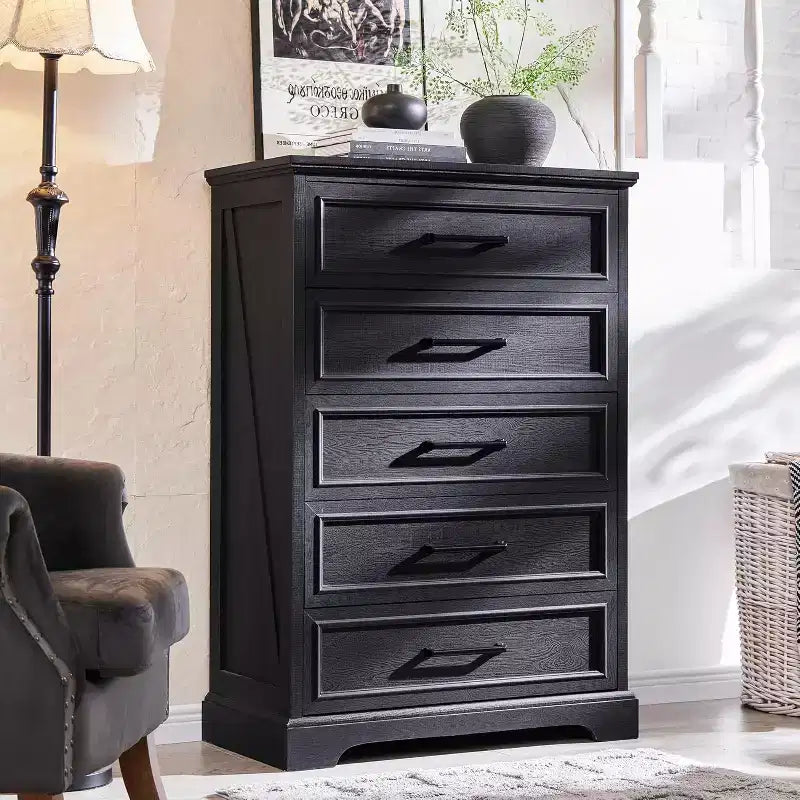 Commode à 5 tiroirs de style campagnard de 46 pouces pour chambre à coucher, chiffonnier haut en bois avec texture naturelle pour chambre à coucher, salon