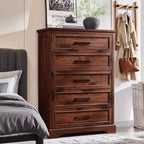 Commode à 5 tiroirs de style campagnard de 46 pouces pour chambre à coucher, chiffonnier haut en bois avec texture naturelle pour chambre à coucher, salon