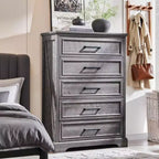 Commode à 5 tiroirs de style campagnard de 46 pouces pour chambre à coucher, chiffonnier haut en bois avec texture naturelle pour chambre à coucher, salon